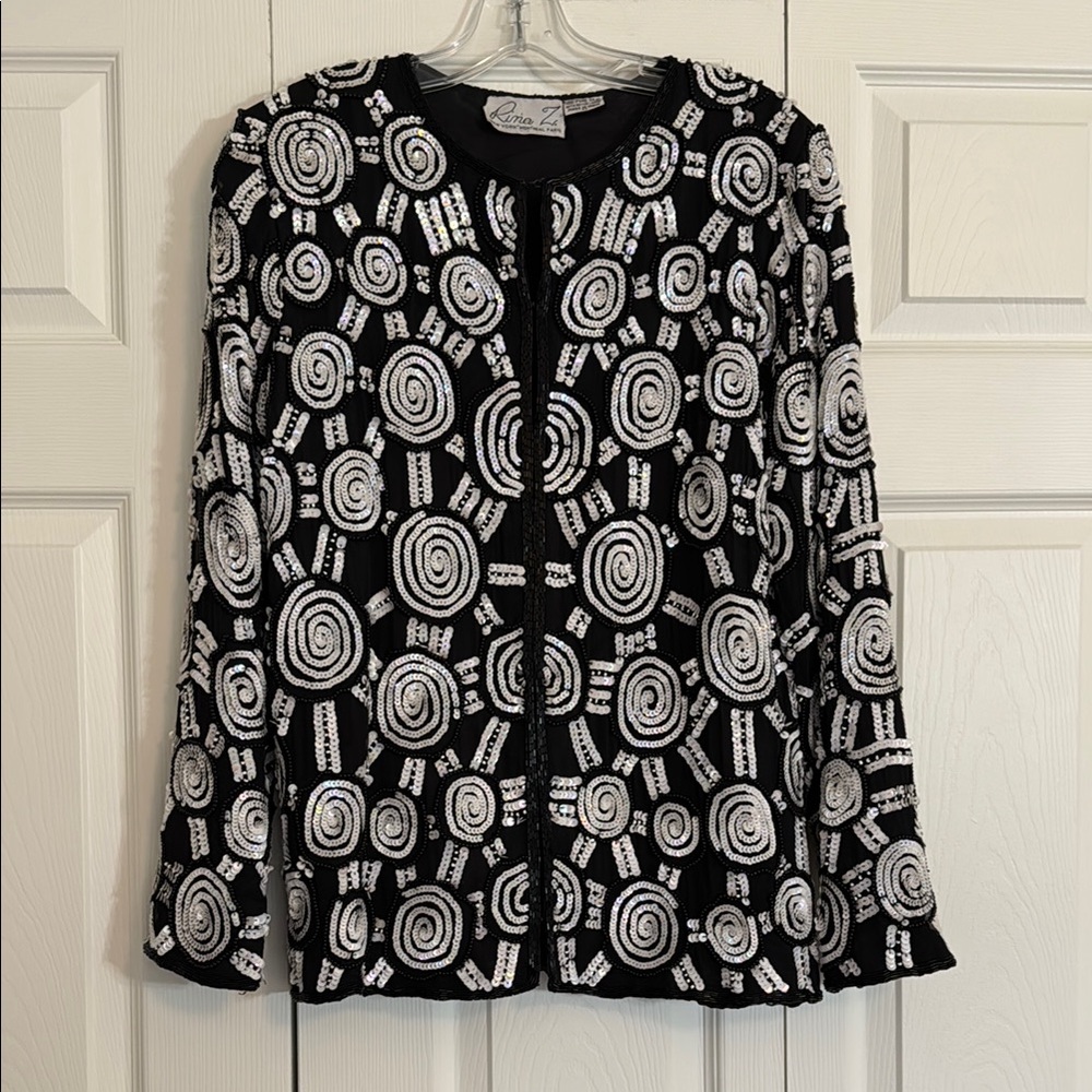 Vintage Black and White Silk Beaded Sequin Jacket Women’s M with Hook Closure